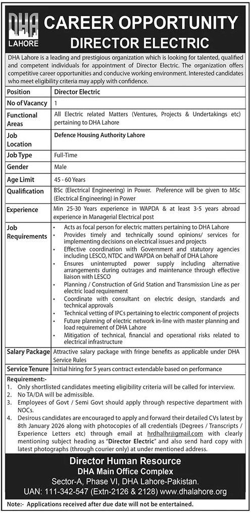 DHA Director Electric Job