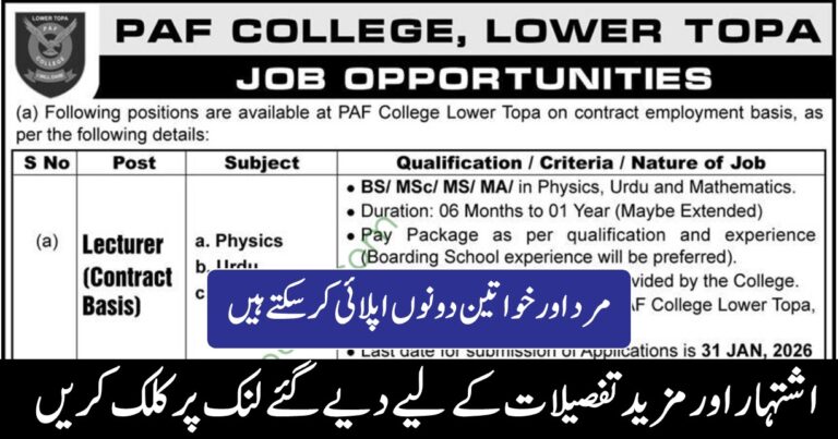 PAF College Lower Topa Lecturer Jobs – Jan 2026